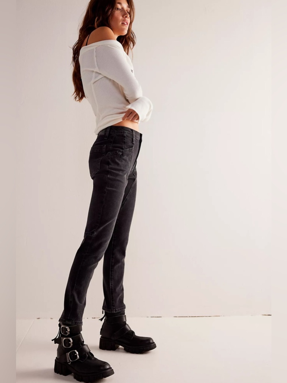 We The Free Beacon Mid Rise Slim Crop Washed Black Jeans Utility Pockets Moto